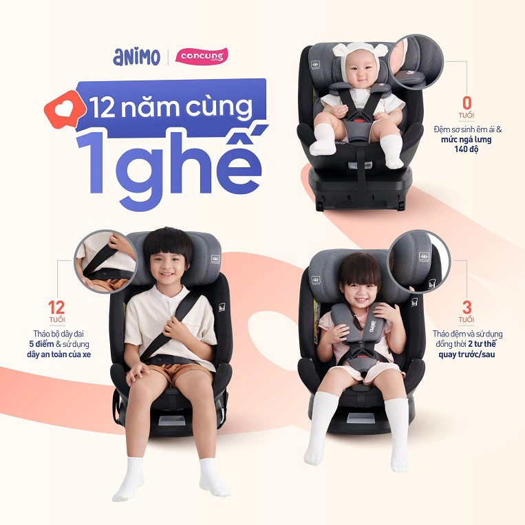 Ghế ngồi ô tô cho bé Animo phù hợp cho bé từ sơ sinh đến 12 tuổi