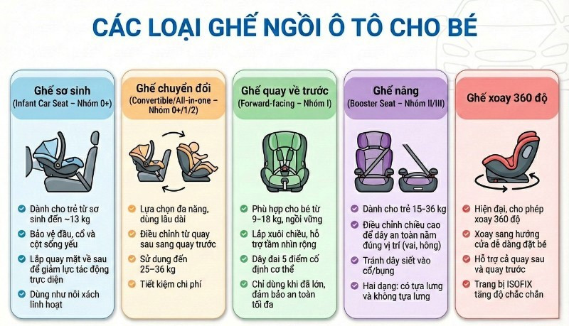 Các loại ghế ngồi ô tô cho bé đa dạng về kiểu dáng và công dụng