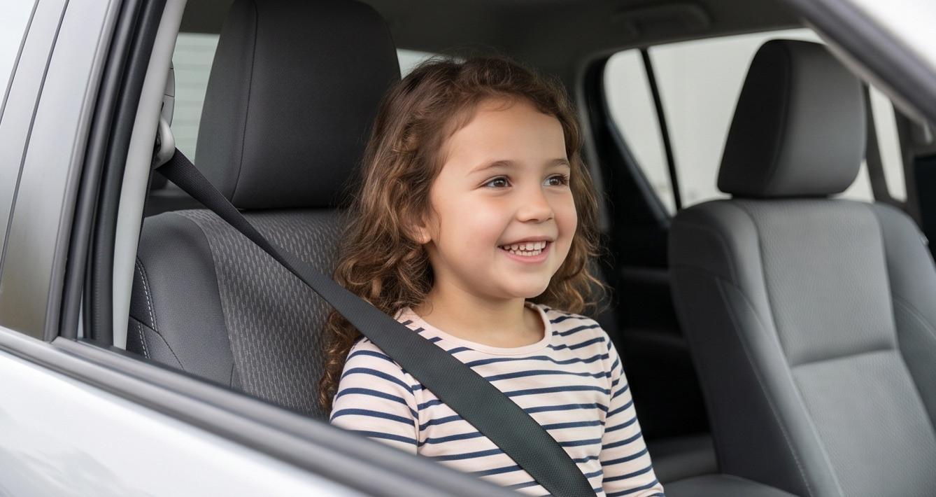 Trẻ em sử dụng đệm an toàn trẻ em trên ô tô Toyota Hilux đúng cách với dây đai an toàn đi ngang vai