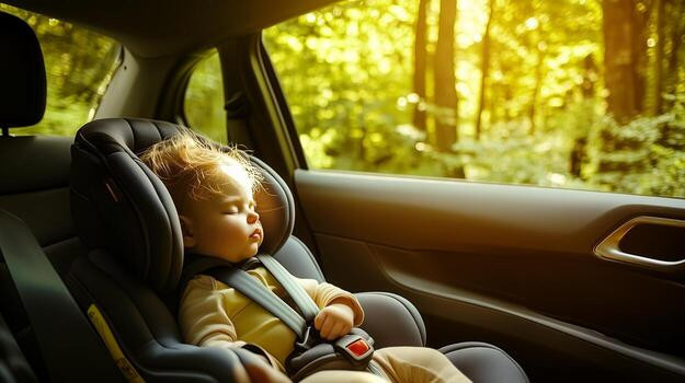 Em bé nằm ngủ thoải mái trên ghế an toàn trẻ em trong chuyến du lịch