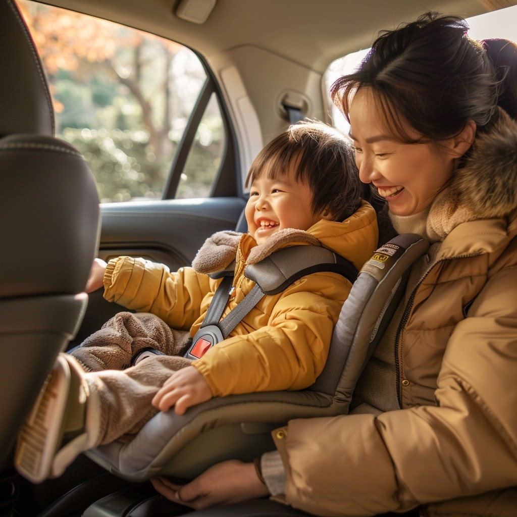 Bé 6 tháng tuổi vui vẻ ngồi trên ghế an toàn trẻ em trên ô tô đi du lịch