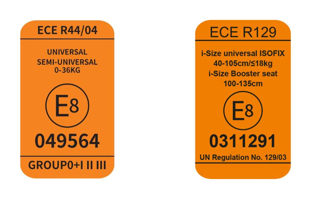 Cận cảnh tem chứng nhận ECE R44/04 và E8 trên ghế an toàn trẻ em Chilux Roy 360