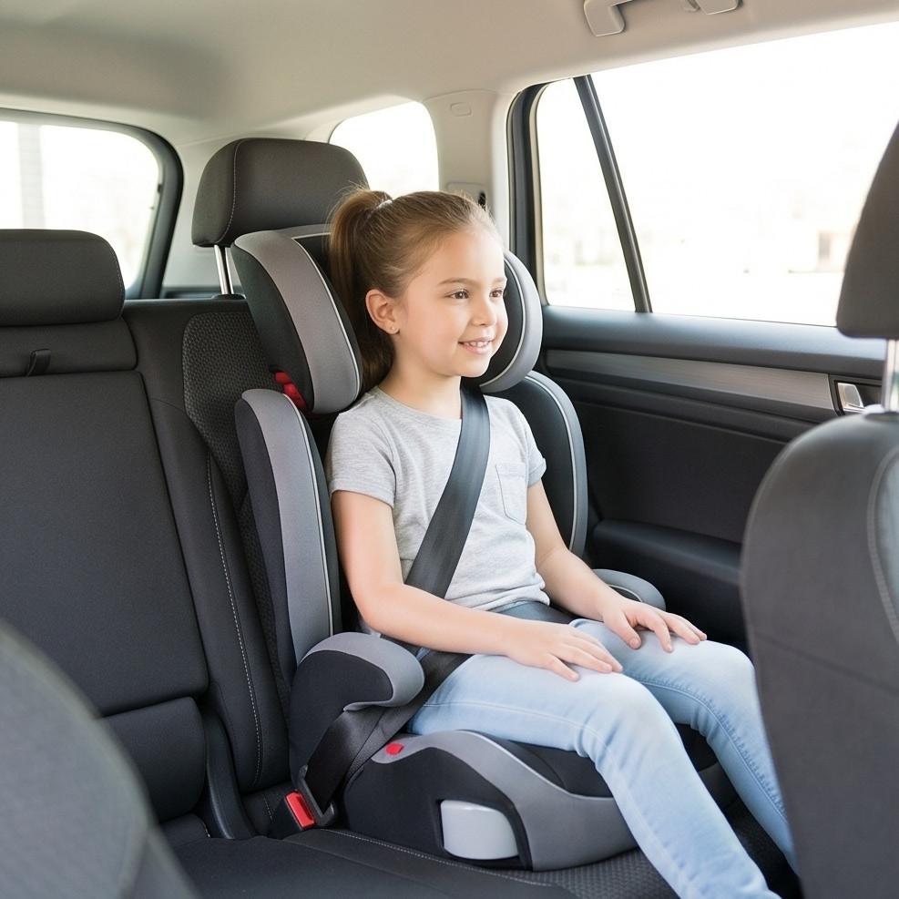 Trẻ em 6 tuổi ngồi trên ghế an toàn nâng cao booster seat với dây đai đi đúng vị trí vai và hông