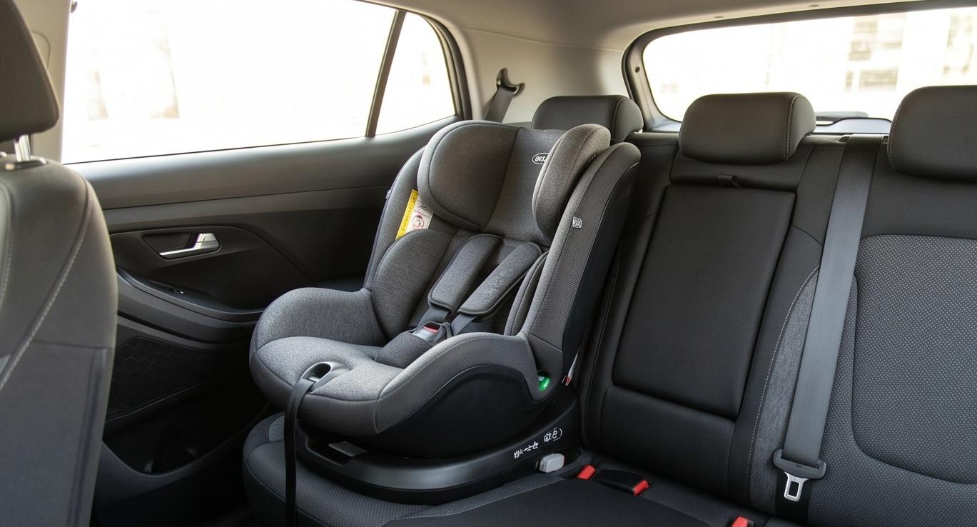 Chiếc ghế an toàn trẻ em thiết kế nhỏ gọn được lắp chắc chắn trên hàng ghế sau xe SUV đô thị