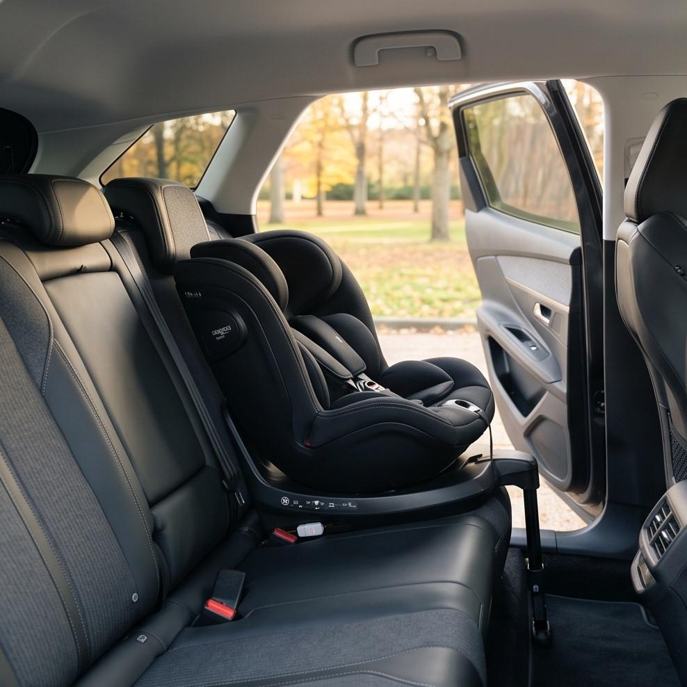 Mẫu ghế an toàn trẻ em xoay 360 độ hiện đại được lắp đặt gọn gàng trên xe Peugeot 3008