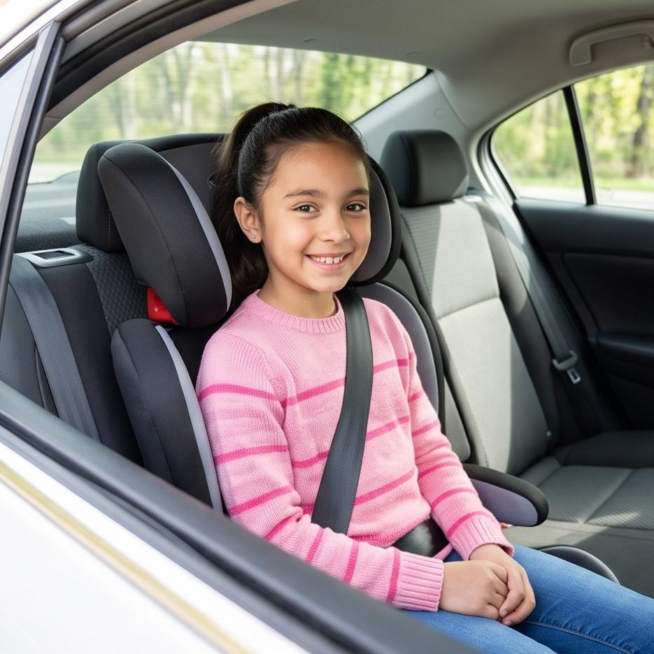 Sử dụng ghế nâng booster seat giúp dây an toàn đi đúng vị trí vai và hông của trẻ 9 tuổi