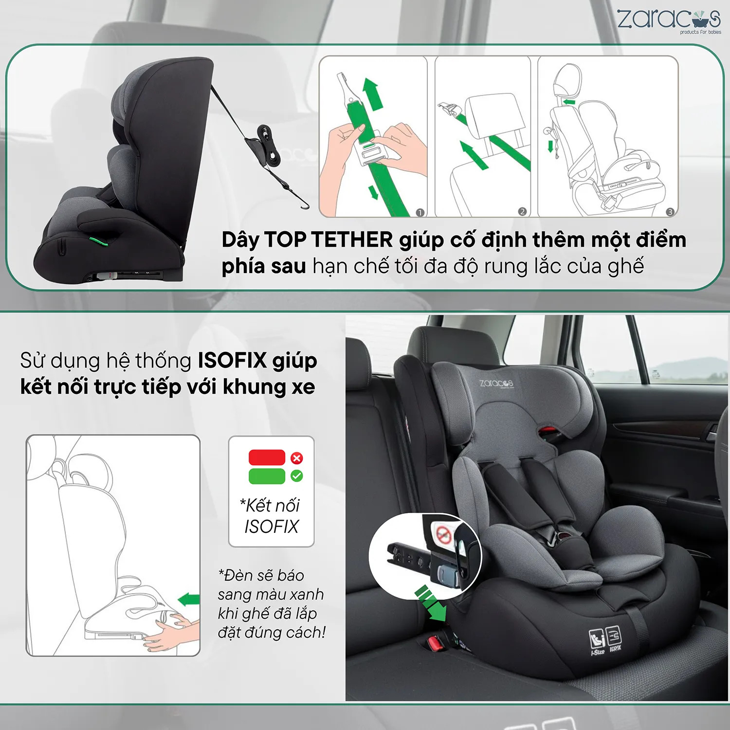 Sự kết hợp giữa ISOFIX và Top Tether giúp tăng cường độ ổn định cho ghế