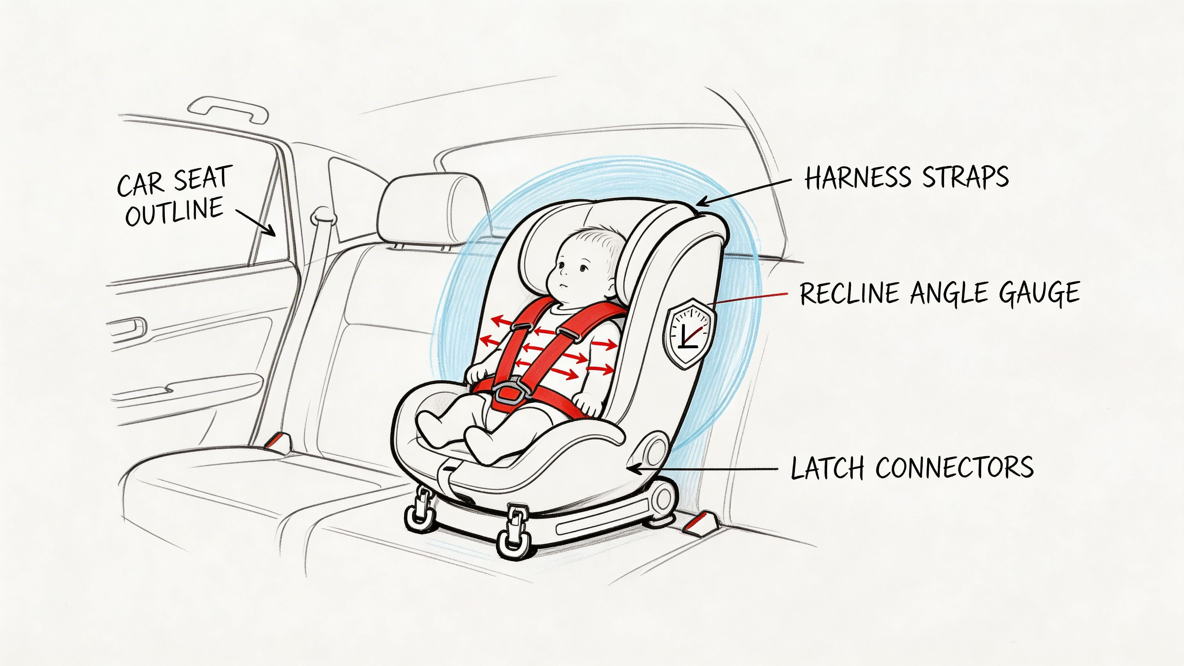 Minh họa hệ thống kết nối Isofix và dây đai 5 điểm trên ghế an toàn trẻ em