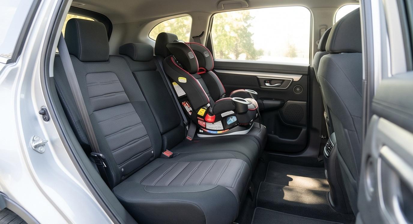 Không gian hàng ghế sau rộng rãi của CR-V khi lắp đặt ghế an toàn trẻ em và nôi an toàn