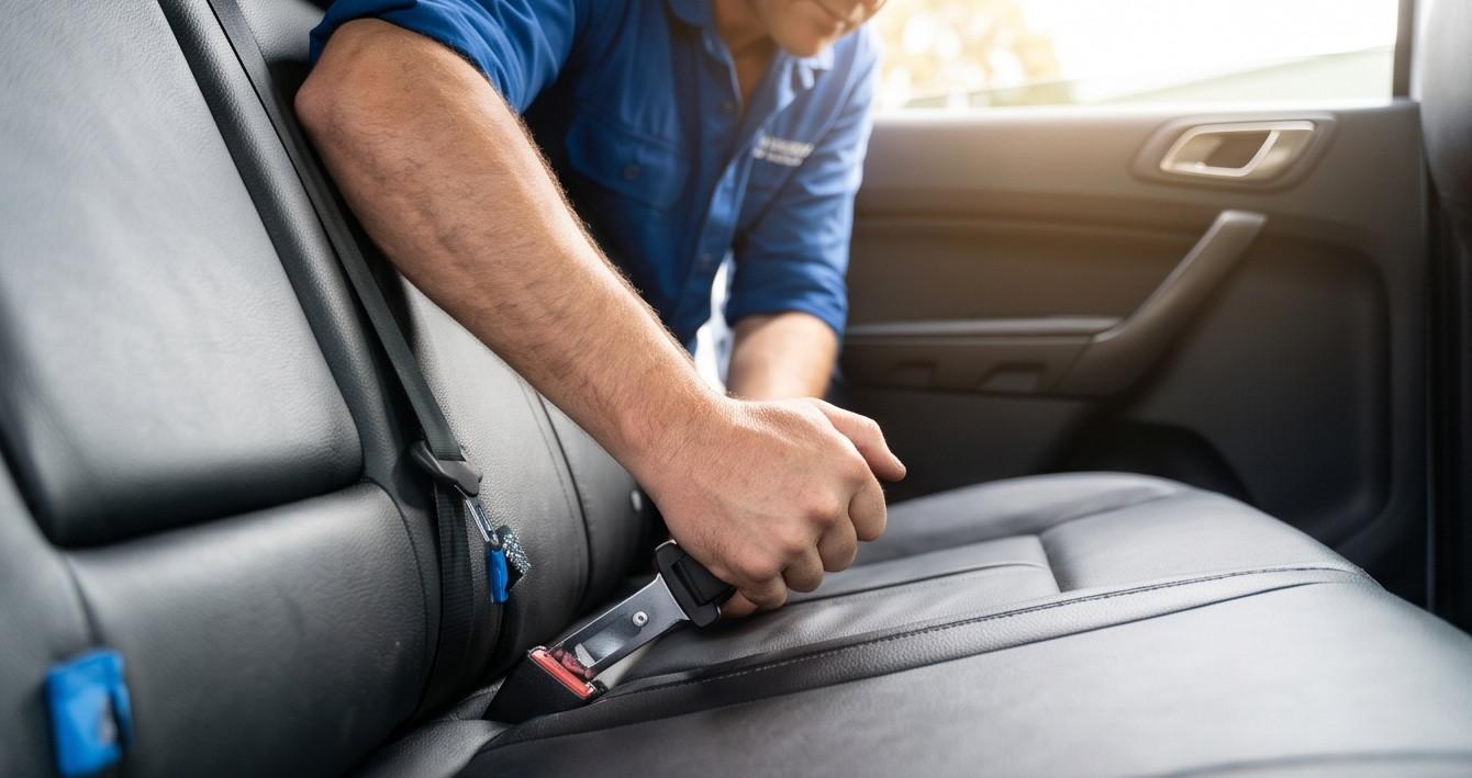 Kỹ thuật viên đang kiểm tra độ chắc chắn của ghế an toàn trẻ em trên xe Ford Everest bằng hệ thống ISOFIX