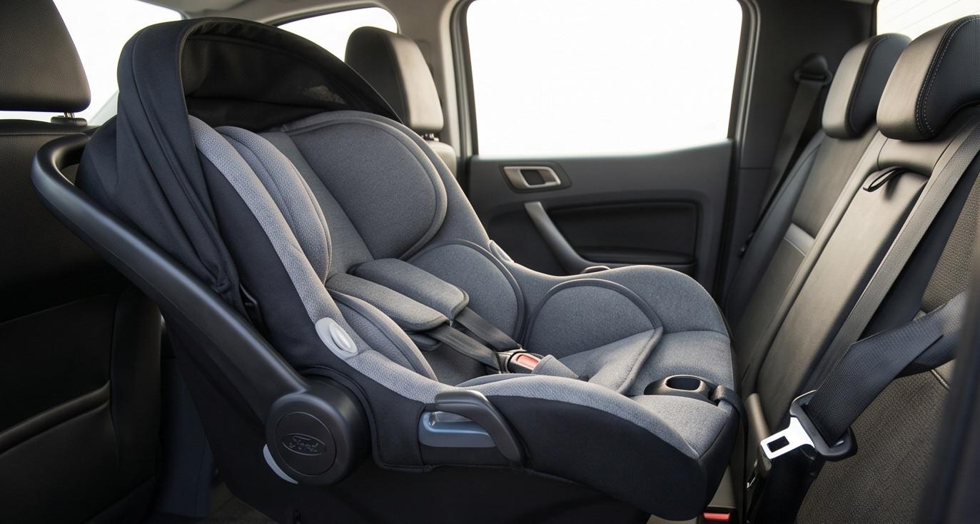 Nôi an toàn trên ô tô cho trẻ sơ sinh đặt ở vị trí ghế sau xe bán tải Ford Ranger