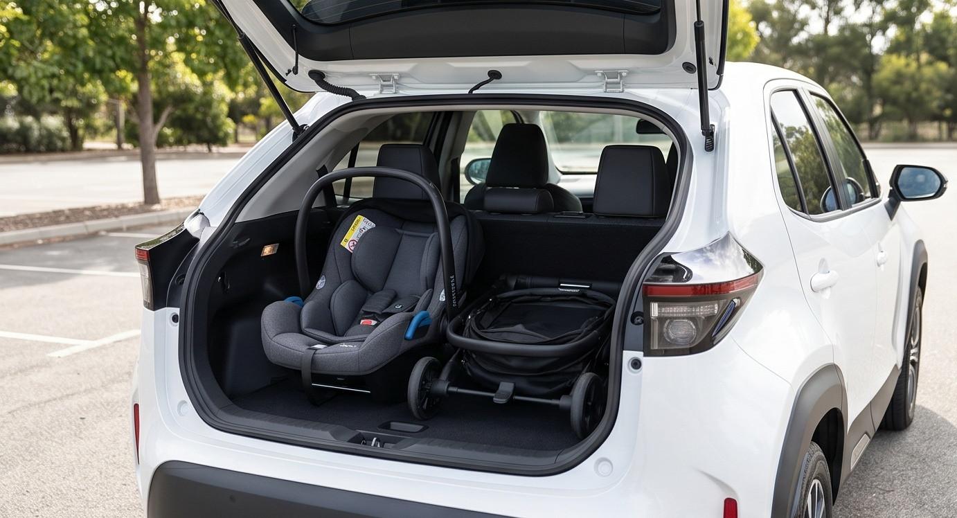 Sắp xếp nôi an toàn trẻ em và phụ kiện trong khoang hành lý xe Yaris Cross HEV