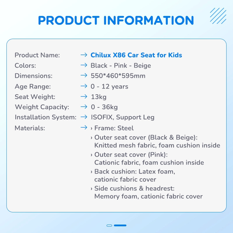 Thiết kế linh hoạt tùy chỉnh theo độ tuổi của ghế an toàn trẻ em Chilux X86